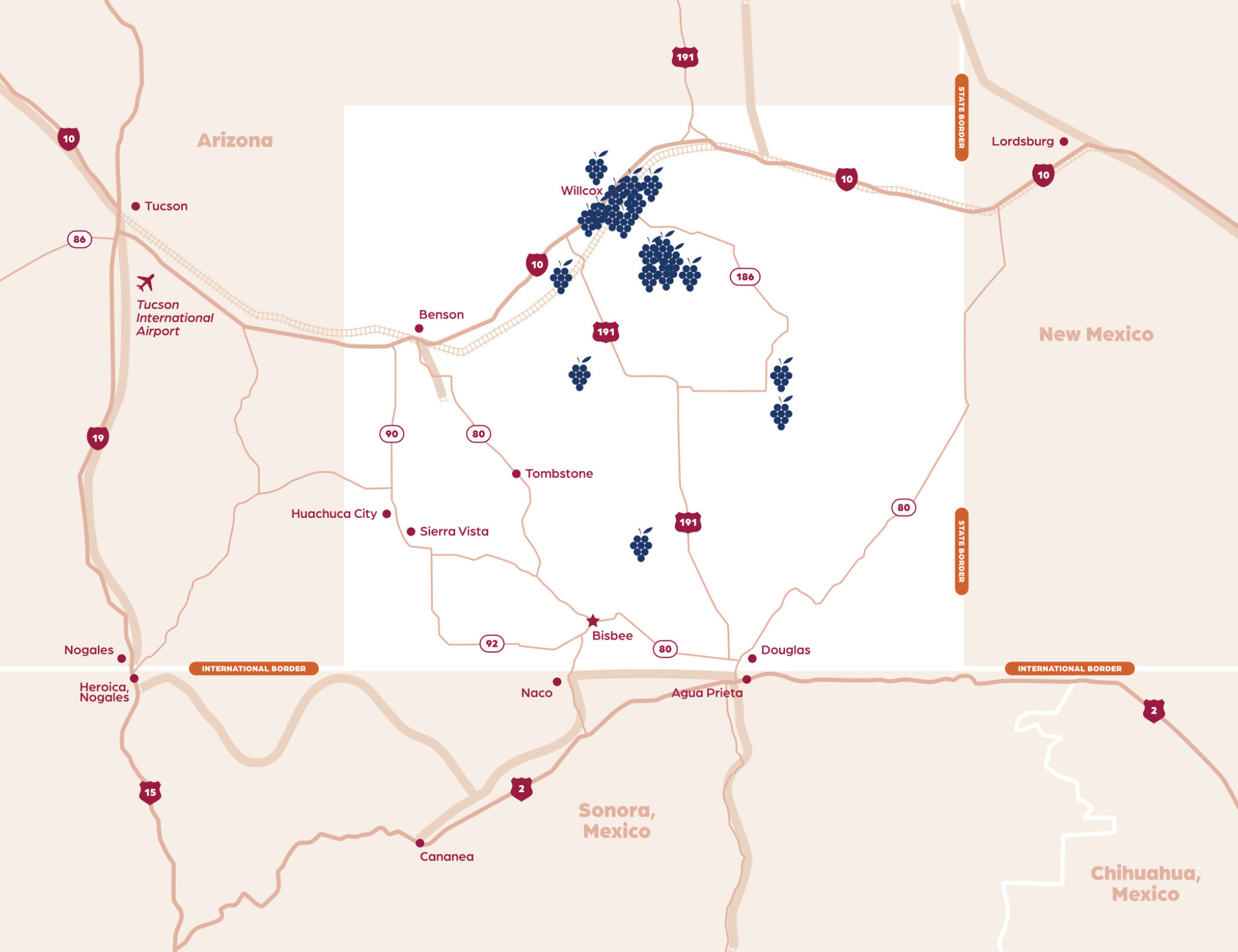 Map of Cochise County displaying major vineyards